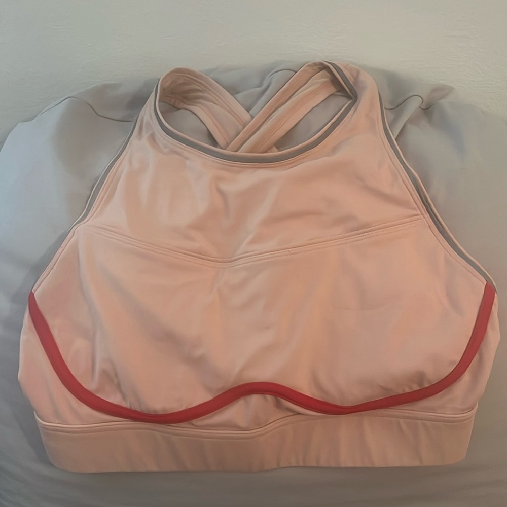 Blush Pink and Red Fabletics Sports Bra with Reflective Accent